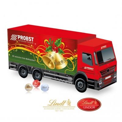 Image of Promotional Lindt 3D truck shaped advent calendar. Printed Lorry Shaped Chocolate Calendar.