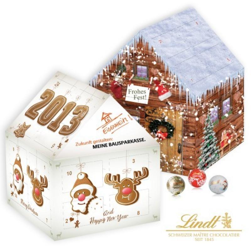 Image of Personalised House Shaped Lindt Advent Calendar. Seasonal Advent Calendar Filled With Lindt Chocolates.