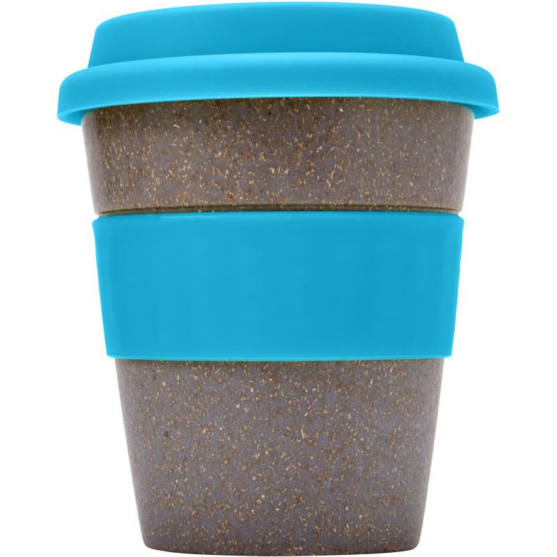 Image of Printed ECO Bamboo Fibre Coffee Cup With Light Blue Band and Lid. 350ml
