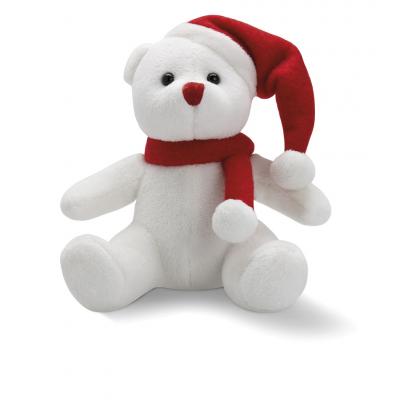 Image of Promotional Christmas Bear; Cute plush white bear with red hat and scarf
