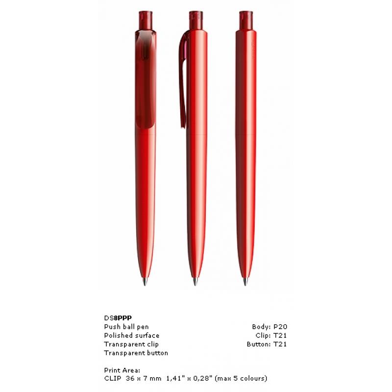 Image of New Branded Prodir DS8 Pens, Prodir DS8 Pens in polished vibrant red finish with transparent red clip