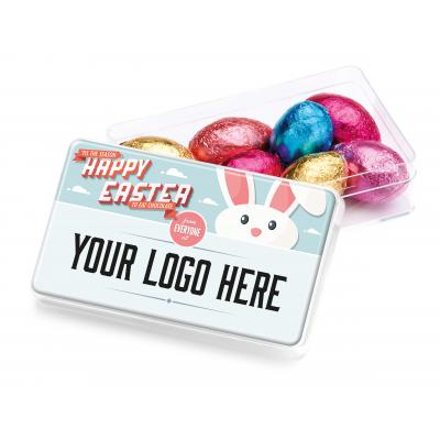Image of Promotional Rectangle Chocolate Pot - Clear Chocolate Pot filled Foil Easter Eggs EXPRESS TURN AROUND