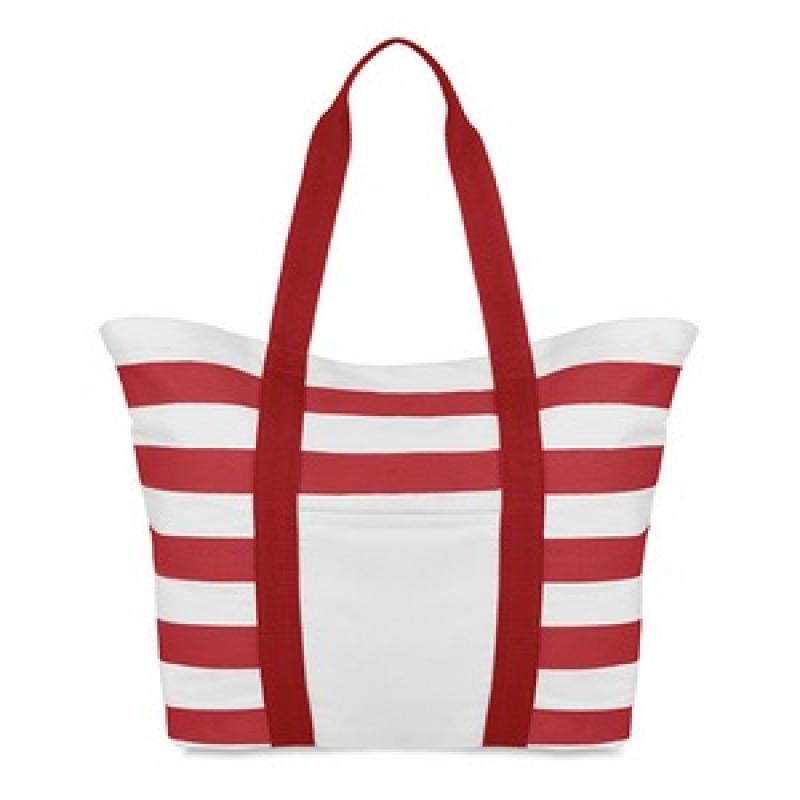 Image of Branded Summer Fully Lined Beach Bag With Stripes. Printed White And Red Summer Beach Bag.