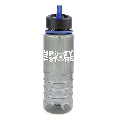 Image of Promotional Resaca Water Bottle. Printed Water Bottle Translucent Black With Blue Rim And Mouthpiece