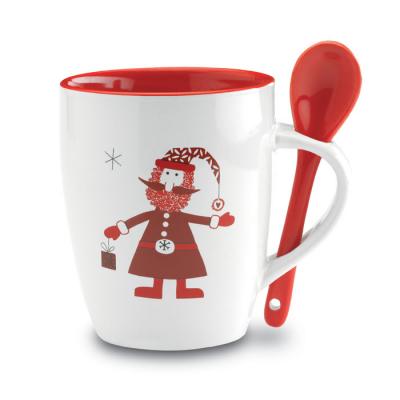 Image of Promotional Christmas Mug With Spoon. Printed Gift Box With Santa Mug And Spoon. 