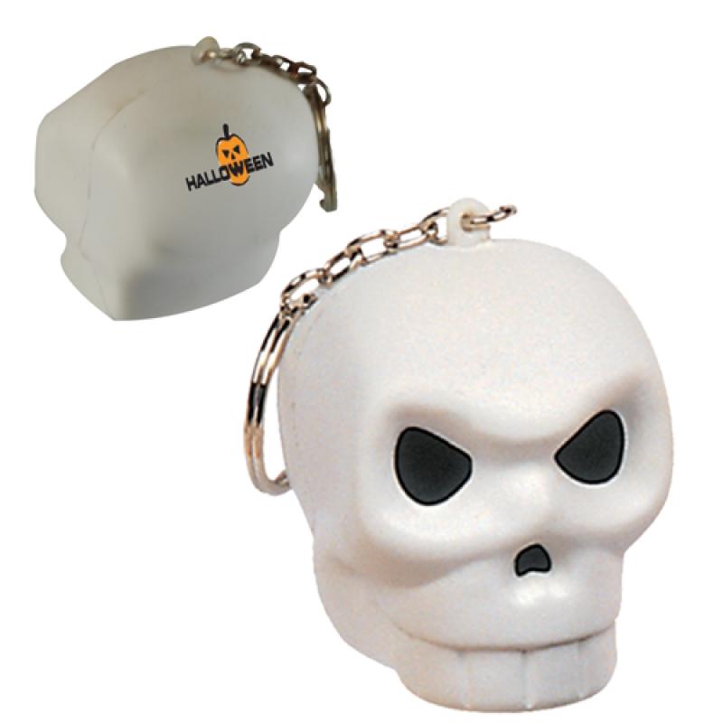Image of Promotional Halloween Stress Key ring. Printed Skull Keyring. Stress Ball Skull Keyring
