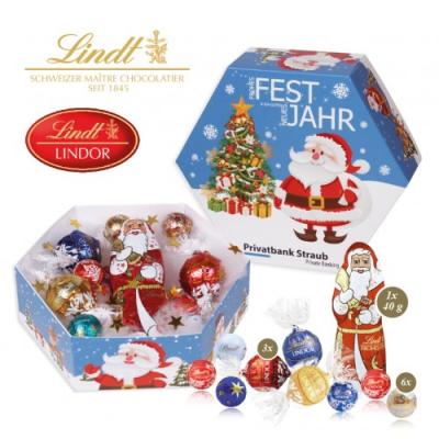 Image of Personalised hexagonal Christmas Lindt gift box. Promotional Gift Box Containing Lindt Pralines, Mini Foil Balls, And Lindt Santa.