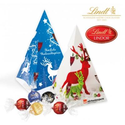 Image of Personalised LIndor tree shaped pyramid. Promotional Pyramid Containing Lidt Chocolates