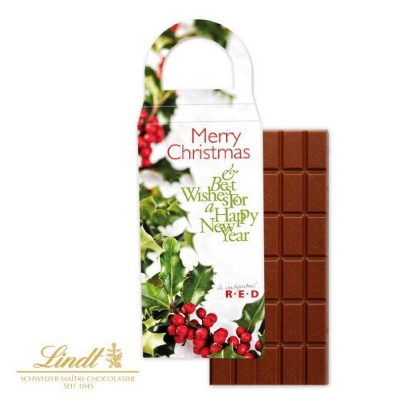 Image of Lindt chocolate bar in personalised box with handle. Promotional Lindt Christmas Chocolate