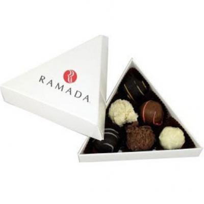 Image of Personalised triangular box of truffle. Promotional Christmas Chocolate Truffles
