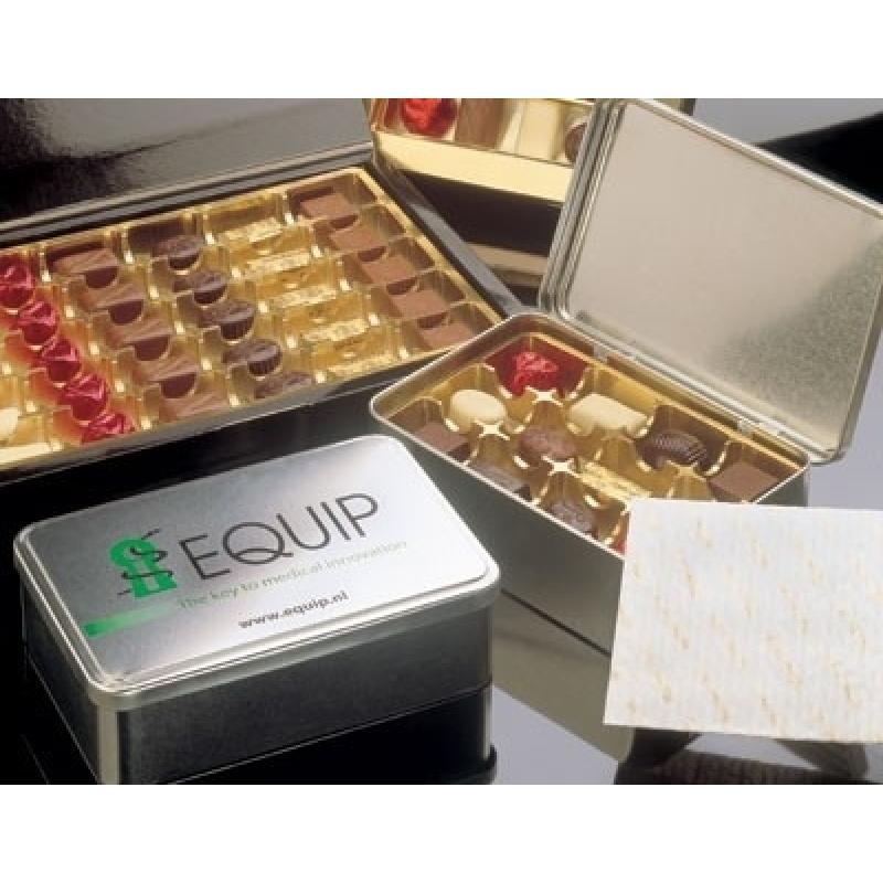 Image of Personalised tin with 24 assorted Belgian Leonidas chocolates. Promotional Christmas Leonidas chocolates