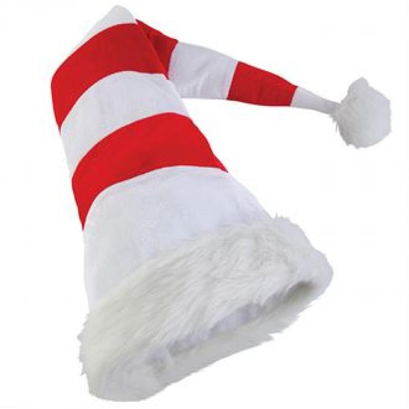 Image of Promotional Long Santa Hat. Branded Red Or Striped Father Christmas Hat