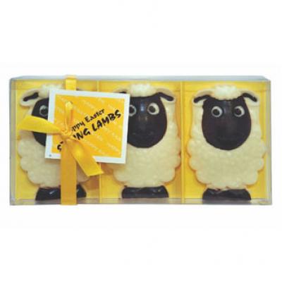 Image of Printed Gift Box With 3 Chocolate Spring Lambs. Solid Chocolate Easter  Lambs. 