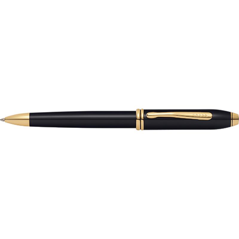 Image of Branded Cross Pen. Engraved Townsend Black Lacquer/23 Karat Gold Plated Ballpoint Pen