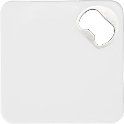 Image of Full colour printed HIPS Coaster with bottle opener and anti-slip bottom in white