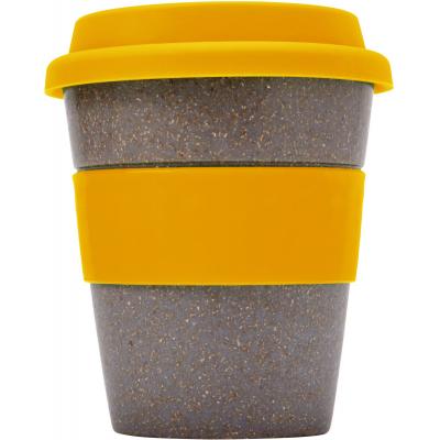 Image of Promotional Bamboo Reusable Coffee Cup With Orange Band and Lid 350ml