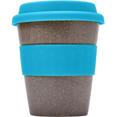 Image of Printed ECO Bamboo Fibre Coffee Cup With Light Blue Band and Lid. 350ml