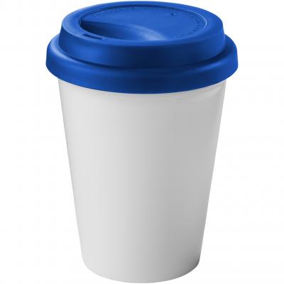 Image of Promotional Zamzam reusable coffee mug in white with blue lid 330ml