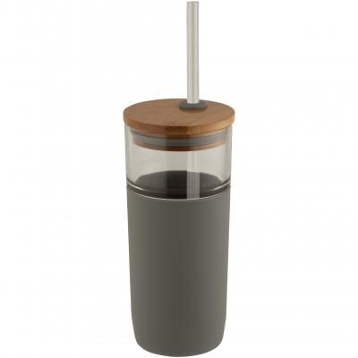 Image of Promotional Arlo Glass Tumbler With Soft Grey Grip And Bamboo Lid