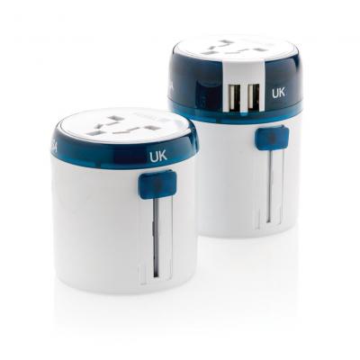Image of Promotional Blue World travel adapter, white