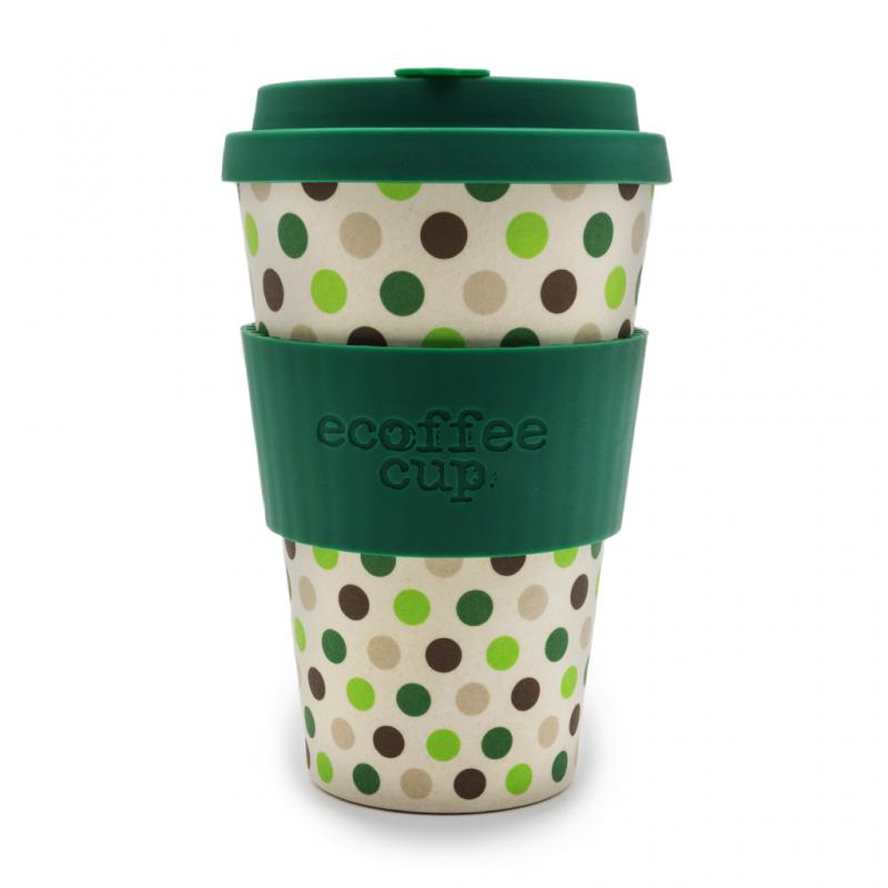 Image of Branded ecoffee Cup, Reusable Bamboo Mug 14oz Green Polka