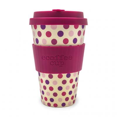 Image of Engraved ecoffee Cup, Reusable Bamboo Mug 14oz Pink Polka