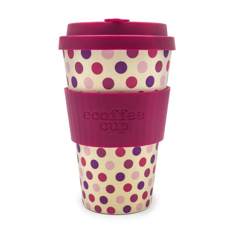 Image of Engraved ecoffee Cup, Reusable Bamboo Mug 14oz Pink Polka