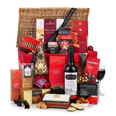 Image of Promotional Christmas Festive Hamper with Wine Presented In Wicker Basket