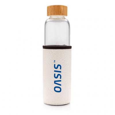 Image of Promotional Glass Water Bottle With White Sleeve And Bamboo Lid