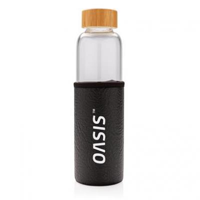Image of Promotional Glass Water Bottle With Black Sleeve And Bamboo Lid