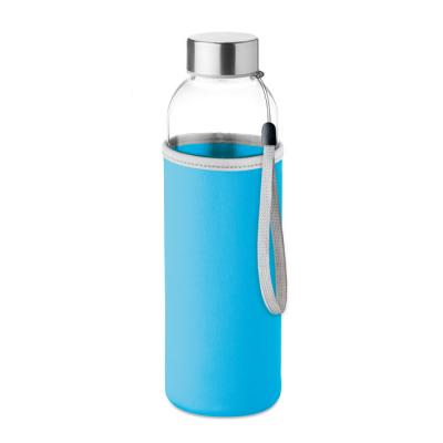 Image of Promotional Glass Bottle With Turquoise Soft Touch Pouch 500ml