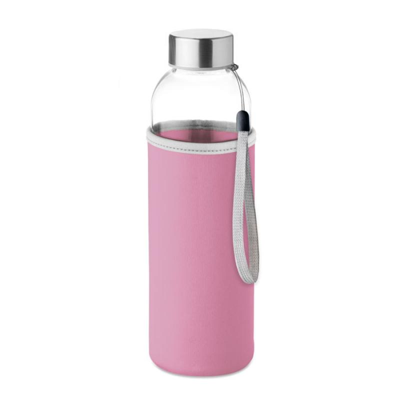 Image of Promotional Glass Bottle With Pink Soft Touch Pouch 500ml