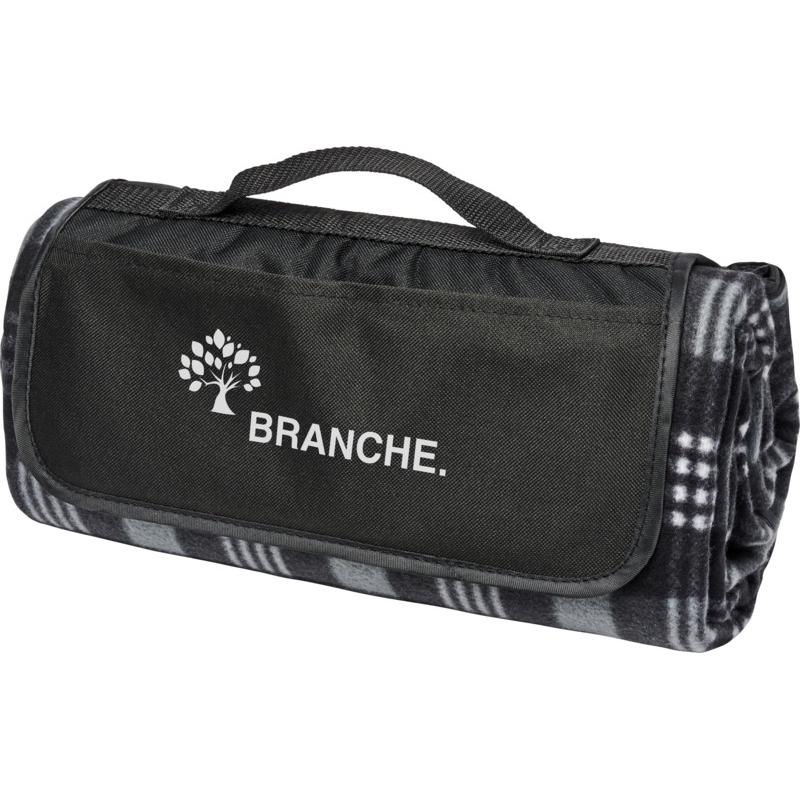 Image of Printed Black Tartan Picnic Blanket With Handle And Pocket