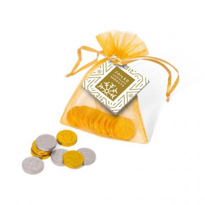 Image of Promotional Christmas Organza Gift Bag Filled With Foiled Wrapped Chocolate Coins