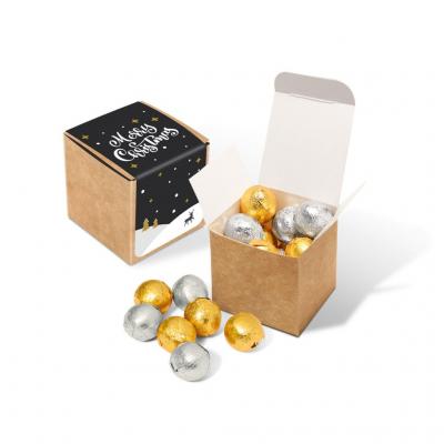 Image of Promotional Eco Kraft Christmas Gift Box Filled With Gold & Silver Wrapped Chocolate Balls