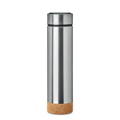 Image of Promotional Reusable Insulated Bottle With Cork Bottom And Tea Infuser Silver