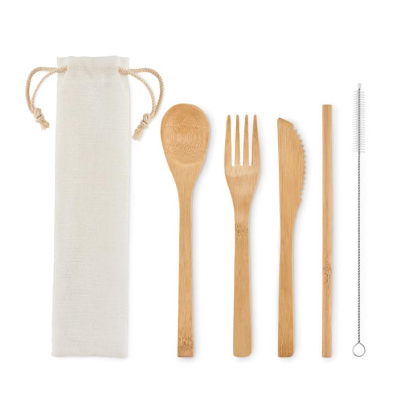 Image of Promotional Bamboo Cutlery And Reusable Straw Presented In A Canvas Gift Pouch