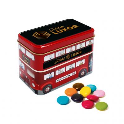 Image of Promotional Red Bus Gift Tin Filled With Chocolate Beanies