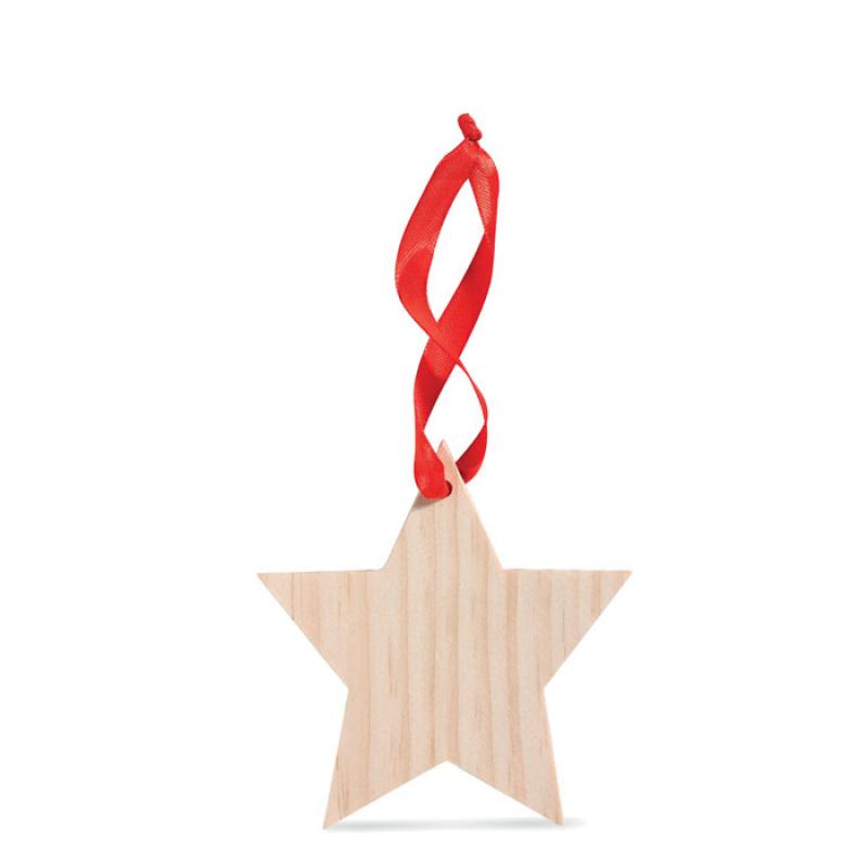 Image of Promotional Wooden Christmas Tree Decoration Star Shaped With Red Ribbon