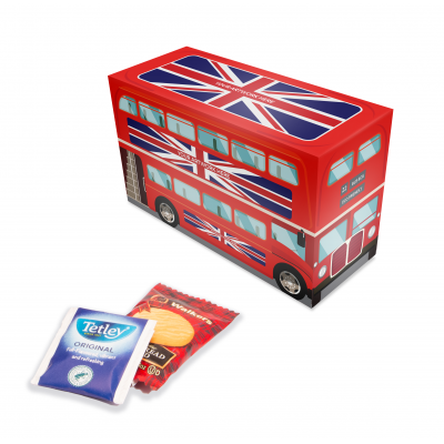 Image of Promotional Eco Union Jack Bus With Tea Bags and Shortbread Biscuits